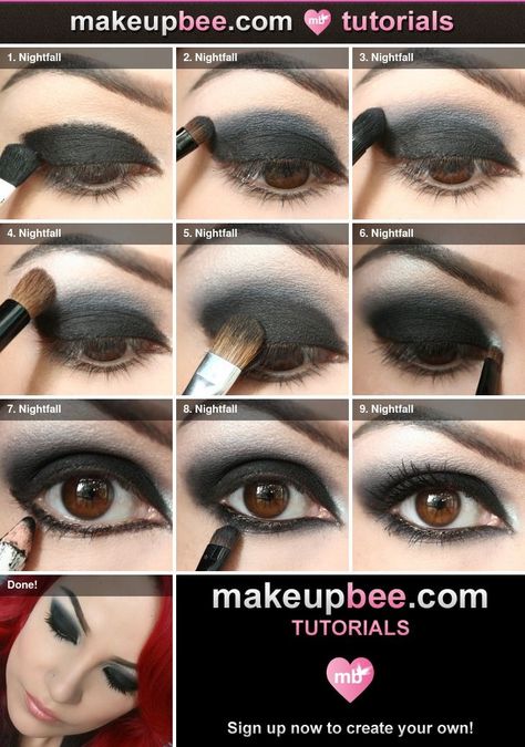 Easy goth makeup ideas Trucco Smokey Eye, Gothic Makeup Tutorial, Maquillage Goth, Shadow Tutorial, Vampire Eyes, Goth Makeup Tutorial, Smokey Eyeliner, Make Up Tutorials, Makeup Tutorial Step By Step