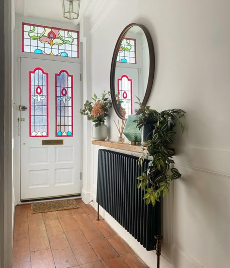 Stairs And Hallway Ideas, Painted Radiator, Oak Shelf, Victorian Hallway, Column Radiator, Hallway Inspiration, Narrow Hallway Decorating, Dado Rail, Flat Decor