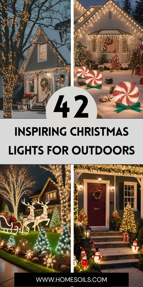 Light up your holidays with 42 inspiring Christmas lights for outdoors that create a dazzling display! Design your perfect festive scene—visit our site today! Roof Line Christmas Lights, Landscape Christmas Lights, Beautiful Outdoor Christmas Lights, Barn Christmas Lights, Colored Lights Outdoor Christmas, Tree Trunk Christmas Lights, Christmas Lights Yard Ideas, Retro Outdoor Christmas Lights, Unique Outdoor Christmas Lights