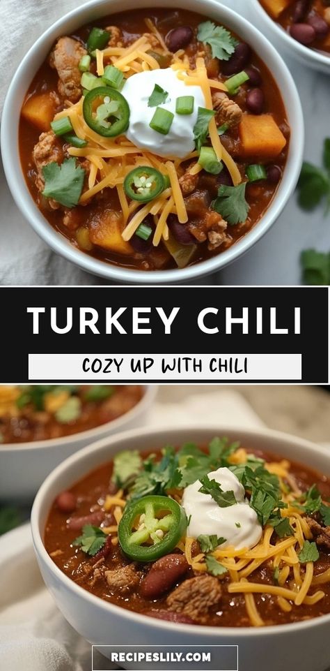 Get ready to warm up with this hearty Turkey Chili! Bursting with flavor, it features tender turkey, kidney beans, and a perfect blend of spices. Topped with cheese, sour cream, and fresh cilantro, it's the ultimate comfort food for chilly nights. Try this cozy recipe and enjoy the comforting vibes it brings! Turkey Chilli Recipes, Healthy Turkey Chili Recipe, Healthy Turkey Chili, Healthy Chili Recipe Turkey, Chili Healthy, Turkey Chilli, Turkey Chili Crockpot, Healthy Lunch Salad, Turkey Chili Healthy