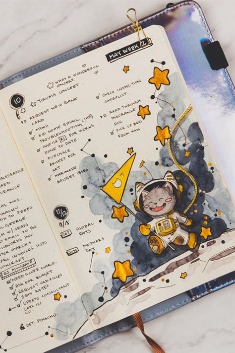 Want to change things up and switch your theme this month!? Check out these space and galaxy themed bullet journal cover pages, weekly spreads and more! #bujo #bujotheme #bulletjournal #bujospread Ewolucje Eevee, Crazy Laura, Reka Bentuk Grafik, Bullet Journal Aesthetic, Bullet Journal Design Ideas, Diary Ideas, Space Galaxy, Bullet Journal Themes, Bullet Journal Writing