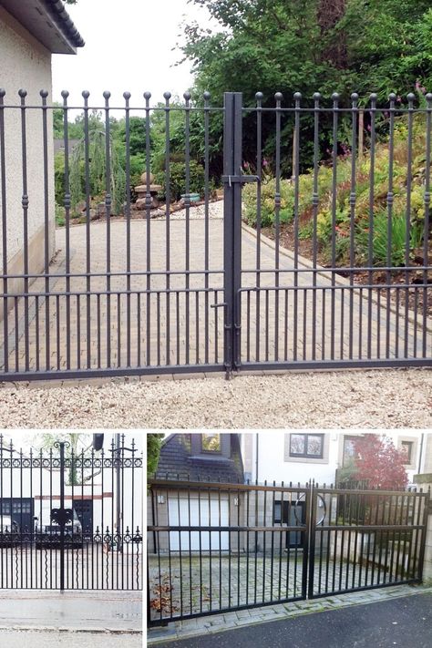 Black Metal Gates Driveway, Metal Fence Design Modern, Iron Gates Design, Metal Driveway Gates, House Fence, Gate Locks, Driveway Entrance, Entrance Gate, Iron Gate Design