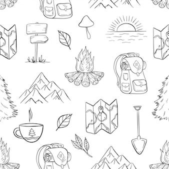 Premium Vector | Cute camping and hiking seamless pattern with doodle or hand drawn style Bd Design, Travel Elements, Travel Doodles, Cute Camping, Camping Journal, Hiking Photos, Diy Photo Book, Scrapbook Patterns, Hiking Tattoo