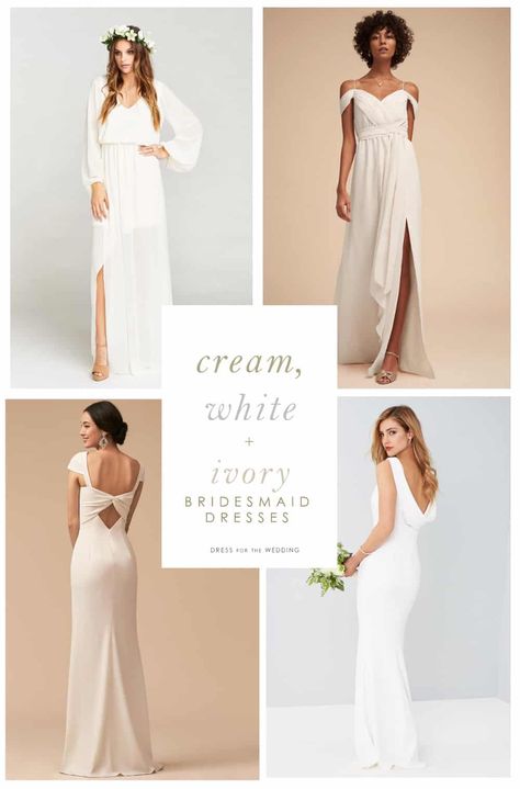 Off white, cream or ivory dresses for bridesmaids #weddingideas #whitewedding #bridesmaids Bridesmaid Dresses Long Lace, Beige Bridesmaid Dress, Cream Bridesmaid Dresses, Bride Dress Vintage, Pretty Bridesmaid Dresses, Ivory Bridesmaid Dresses, Neutral Bridesmaid Dresses, White Bridesmaid, Champagne Bridesmaid Dresses