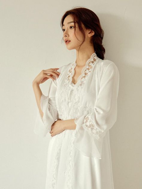 Composition : Outshell  :100%PolyesterColor : WhiteCountry of Origin : KOREA Night Gown Aesthetic, Gown Aesthetic, Gown Chiffon, Gown Simple, Sleepwear Dress, Pajama Dress, Simple Dress, Vintage Life, Dress Robes