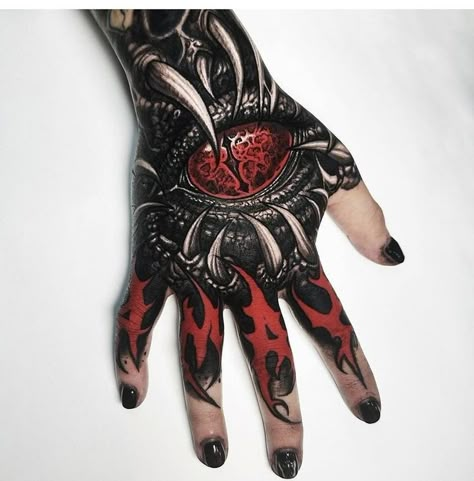 Blackout Hand Tattoo, Dragon Tattoo On Hand, Demon Hand Tattoo, Dragon Hand Tattoo, Body Armor Tattoo, Eyeball Tattoo, Full Hand Tattoo, Skull Hand Tattoo, Black Art Tattoo