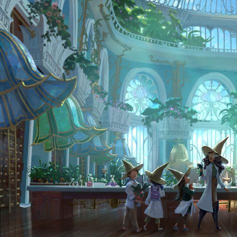 As the professor guided them through the cavernous hall, sunlight beamed through the colorful lamps and glass ceiling warming the students’ faces. ‘The Great Seed Library,’ she explained, ‘contains every commonplace, rare, and magical seed known to botanists of the world.’pic.twitter.com/0vi73Ke5Tz Dr Mundo, Seed Library, Magic Realms, Colorful Lamps, Concept Art Tutorial, The Professor, Fantasy Background, Arte Robot, Fantasy Castle