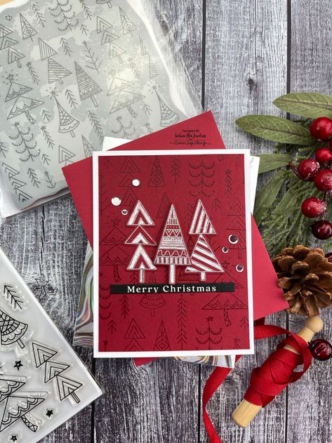 Hello hello crafty friends.  Thanks for stopping by.  Today I will be sharing how I made a fun card using  Simon Says Stamp products.  Let’s start. I began with an A2 size panel using SSS Schoolhouse Red cardstock.  I inked up my SSS O Christmas Tree Background with some VeraMark in and stamped my image … Continue reading "SSS Merry Christmas Trees – STAMPtember 2021" Stamped Christmas Cards, Christmas Tree Background, Christmas Sentiments, Tree Stamp, Christmas Tree Shop, Diy Stamp, Tree Cards, Christmas Cards To Make, Winter Cards