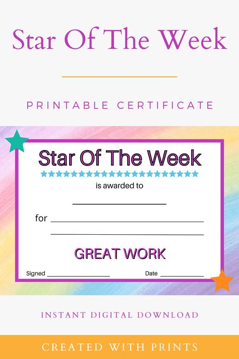 This printable Star Of The Week certificate is perfect if you're looking for a bright, colourful award for a child. This can be used by teachers to reward a child from their class at the end of the week. This digital download includes an A4 PDF and a US letter PDF. Once you have downloaded the file, you are able to print it out as many times as you like. THIS IS A DIGITAL PRODUCT, NO PHYSICAL ITEM WILL BE SHIPPED. Star Of The Week Certificate, Star Of The Week, Printable Star, Printable Certificates, End Of The Week, Sign Dates, Educational Printables, A Child, The End