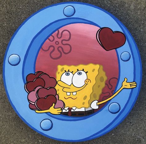 Spongebob Valentines Day Porthole Window Canvas Painting With Hearts and Pink Sunset Canvas Painting Ideas Spongebob, Cute Spongebob Paintings, Spongebob Art Painting, Window Canvas Painting, Spongebob Canvas Painting, Spongebob Valentines, Spongebob Window Painting, Spongebob Window, Spongebob Painting Ideas