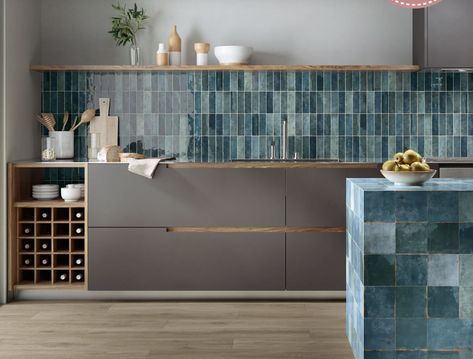 Kitchen Tiles Wall Indian, Blue Wall Tiles, Modern Kitchen Tiles, Porcelain Superstore, Blue Kitchen Tiles, Blue Tile Wall, Grey Kitchen Floor, Dark Wood Kitchens, Dark Grey Kitchen