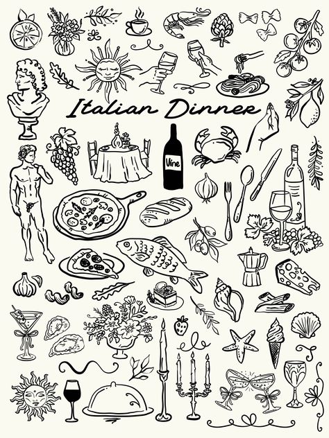 Italian Inspired Graphic Design, Pizza Oven Illustration, Charcuterie Illustration, Italian Doodles, Dinner Doodle, Italian Food Illustration, Simple Illustration Design, Restaurant Graphic Design, Italian Drawings