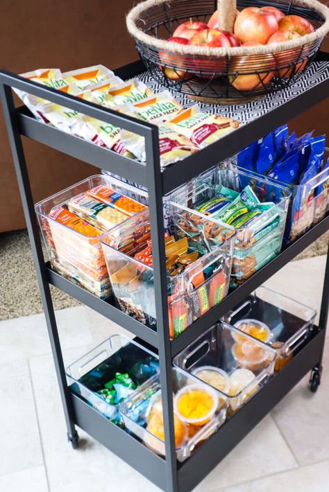 Office Kitchen Snack Bar, Office Snacks Station, Work Snack Station Ideas, Summer Snack Bins For Kids, Snack Cart Organization, Self Serve Lunch Station, Healthy Snack Bar Ideas Party, Office Snack Organization, Kids Breakfast Station Ideas