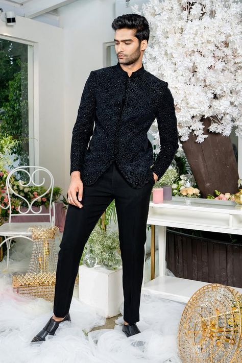 Buy Jatin Malik Blue Slub Silk Embroidered Bandhgala Set Online | Aza Fashions Black Bandhgala Men, Jodhpuri For Men Wedding, Black Jodhpuri Suits For Men Wedding, Mens Bandhgala, Bandhgala Suit Men, Jodhpuri Suits For Men Wedding, Varun Chakkilam, Black Jodhpuri, Embroidered Bandhgala