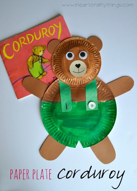 Read Corduroy and make this adorable Paper Plate Corduroy Craft to go along with it. Fun craft for kids and preschool. | From iheartcraftythings.com Corduroy Craft, Paper Plate Art, Preschool Projects, Bear Crafts, Daycare Crafts, Paper Plate Crafts, Plate Crafts, Preschool Fun, Childrens Crafts