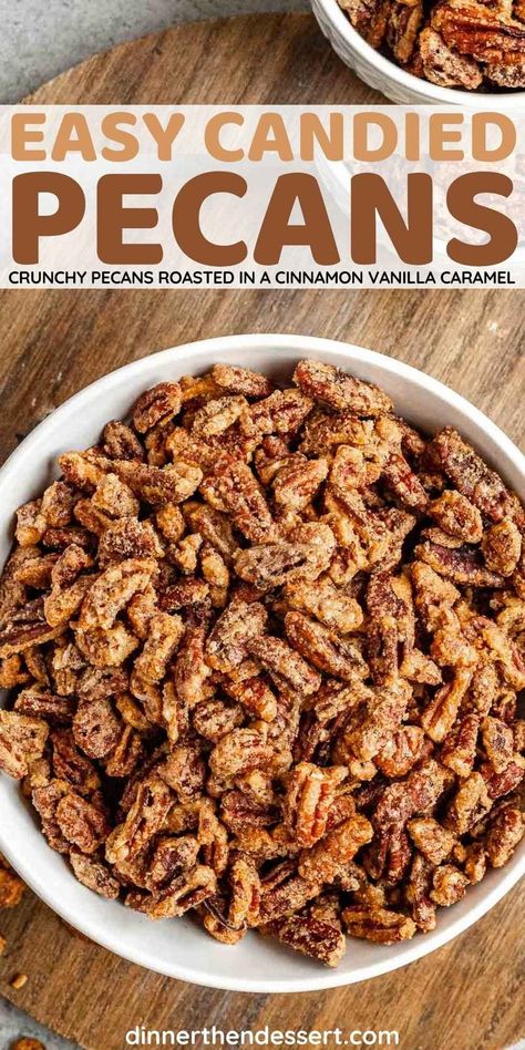 Candied Pecans are tasty holiday snacks and edible Christmas gifts. Crunchy pecans roasted in a cinnamon vanilla caramel. Great on ice cream! Pecans Roasted, Christmas Pecans, Spiced Pecans Recipe, German Roasted Pecans, Roasted Pecans Recipe Brown Sugar, Cinnamon Coated Pecans, Crunchy Candied Pecans, Roasted Pecans Recipe, Honey Roasted Pecans