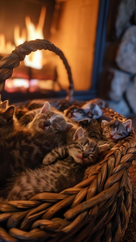 Cozy Kitten Cuddle: Adorable kittens snuggle together in a woven basket beside a warm, glowing fireplace, radiating comfort. #kittens #cozy #snuggle #basket #fireplace #warm #felines #comfort #aiart #aiphoto #stockcake https://ayr.app/l/fi1q Basket Of Kittens, Cozy Kitten, Kitten Cuddle, Adorable Kittens, Woven Basket, Bullet Journal Ideas Pages, Journal Ideas, Kittens Cutest, Pet Birds