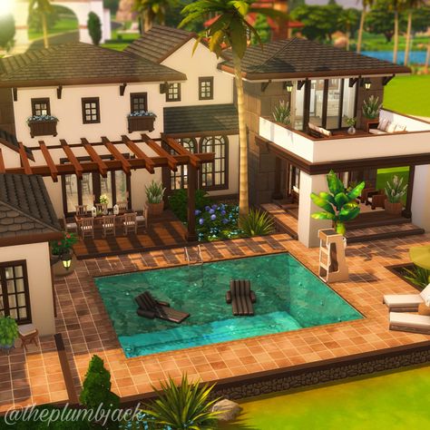 Mediterranean Homes Sims 4, Sims World Ideas, Sims House Inspo Exterior, Bloxburg House Ideas Tropical, Backyard Sims 4, Sims 4 Front Yard, Sims House Ideas Exterior, Tartosa Homes Sims 4, Sims 4 House Ideas Exterior