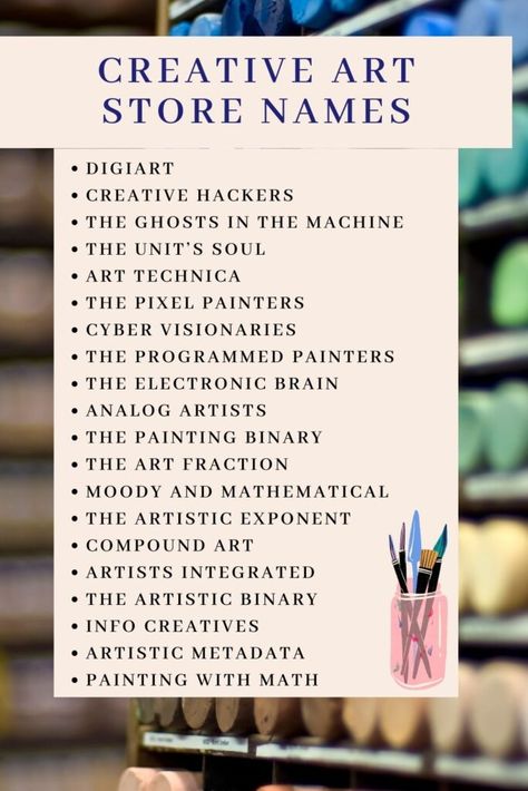 Creative Names For Art Page, Graphic Design Names Ideas, Art Business Names Ideas, Art Page Name Ideas For Instagram, Art Business Names, Business Ideas For Students, Art Names, Painting Studios, Resin Business