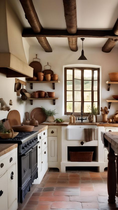 Discover the rustic charm of this South African kitchen. 🏡 Whitewashed walls, dark beams & a thatched roof create a cozy backdrop for antique wood & modern white cabinets. 🧱 Terracotta floors & a wrought-iron chandelier add warmth. 📌 Pin for a global, inviting space! White Dark Wood Kitchen, White Dark Brown Kitchen, Black And Terracotta Kitchen, Wood Flooring Ideas Kitchen, South African Kitchen Design, African Kitchen Design, Terracotta Floor Kitchen, Dark Wood Cabinets Kitchen, Italian Kitchen Aesthetic