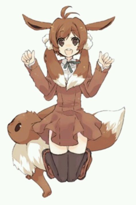 Eevee human and poke form Pokemon Trainer Art, Evoluzioni Eevee, Ninetales Pokemon, Pokemon Anime Characters, Pokemon Human Form, Gijinka Pokemon, Pokemon Costumes, Pokemon People, Pokemon Gijinka