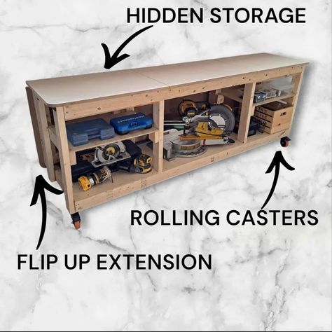 Mitre Saw Table, Workbench Diy, Rolling Workbench, Workbench Organization, Garage Storage Inspiration, Table Saw Workbench, Folding Workbench, Rolling Table, Workbench Plans Diy