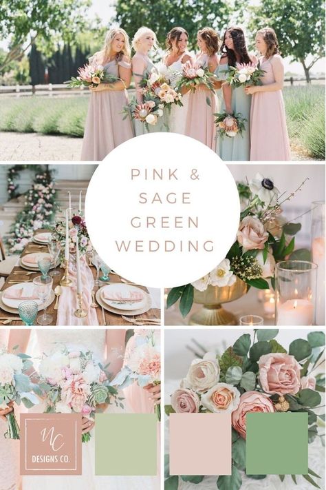 Dusty Pink And Sage Green Wedding, Dusty Rose And Sage Green Wedding Theme, Sage Green And Pink Wedding, Pink Wedding Color Scheme, Sage Green And Pink, Pink And Green Wedding, Wedding Theme Color Schemes, Pastel Pink Weddings, Pink Green Wedding