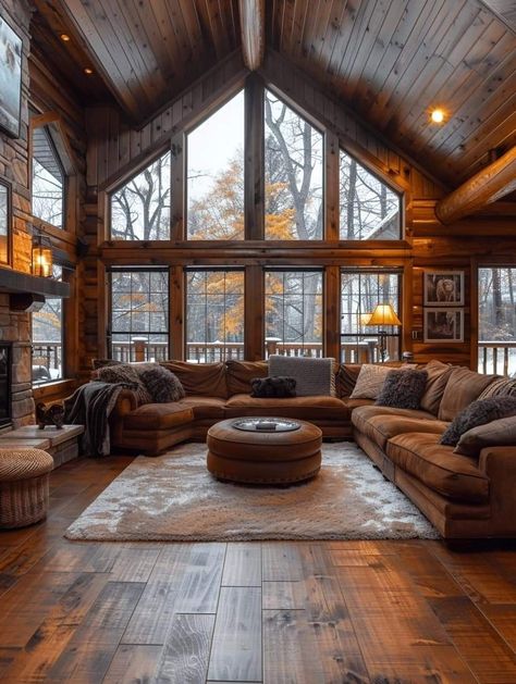 Cozy Log Home, Country Wooden House, Log Cabin Big Windows, Beach Log Cabin, Mountain Dream Homes Interior, Log Cabin Style Living Room, Wood Ranch House, Cute Houses Inside, House With Property