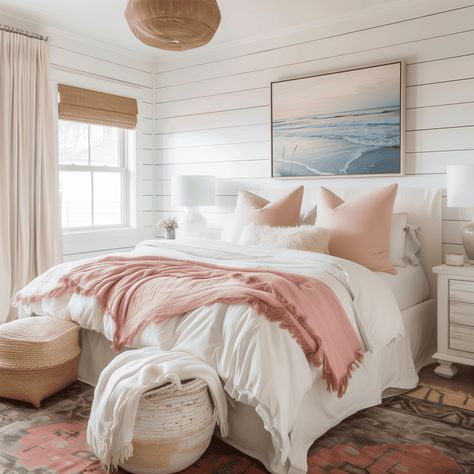 Tranquil White Coastal Bedroom with Pink Accents [Room Inspiration] Coral Themed Bedroom, White Bedroom With Pink Accents, Pink Beach Room Aesthetic, Pink Costal Bedroom, Florida Girl Bedroom, Girls Coastal Bedroom, Coastal Pink Bedroom, Pink Beach Bedroom, Beach House Bedroom Aesthetic