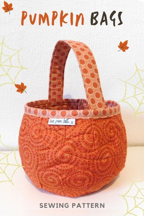 Pumpkin Bags sewing pattern. These are great for Halloween trick or treating, however, they can of course be used as storage around the house all year round. Fabric pumpkins to sew. Fabric basket sewing pattern in the shape of a pumpkin for Halloween decorations. SewModernBags Sew A Pumpkin Pattern, Trick Or Treat Bags Diy Sewing Patterns, Diy Halloween Basket, Sewing A Purse, Orange Paper Craft, Halloween Bags Diy, Bags Sewing Pattern, Halloween Sewing Patterns, Gifts To Sew