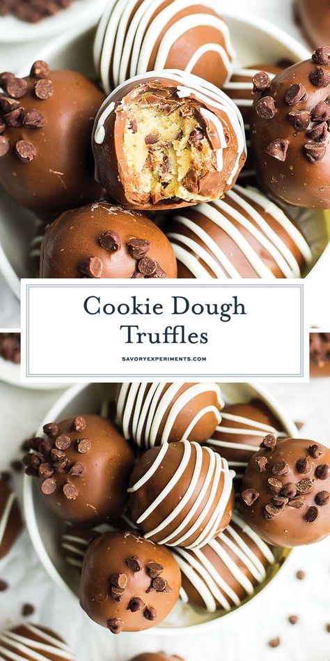 With only a handful of pantry ingredients and less than 1 hour, you can have these decadent Cookie Dough Truffles ready for snacking! Gluten Free Truffles, Truffles Recipes, Chocolate Chip Cookie Dough Truffles, Eating Cookie, Cookie Dough To Eat, Truffle Cookies, Edible Cookie Dough Recipe, Truffle Shuffle, Healthy Candy