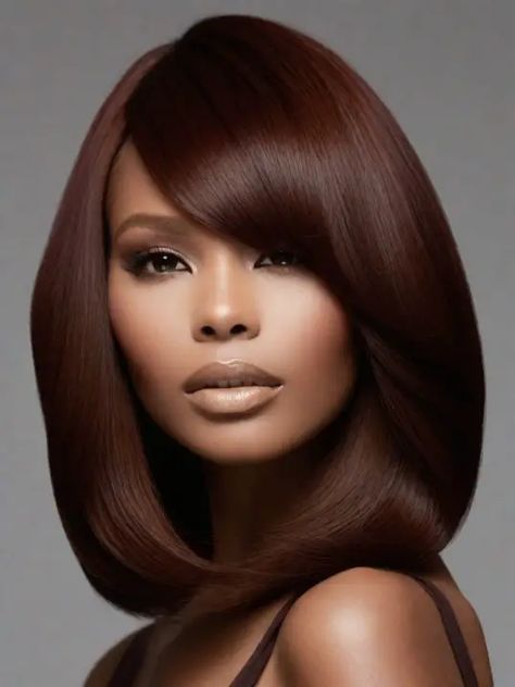 50 Winter Hair Color Ideas For Black Women Cognac Hair Color Black Women, Fall Hair Highlights For Black Women, Fall Colors 2024 Hair, Soft Auburn Hair Color On Black Women, Hair Color For Brown Skin Tone, Fall Wig Colors Black Women, Auburn Hair Color On Black Women, Blended Hair Color, Cinnamon Hair Color On Black Women