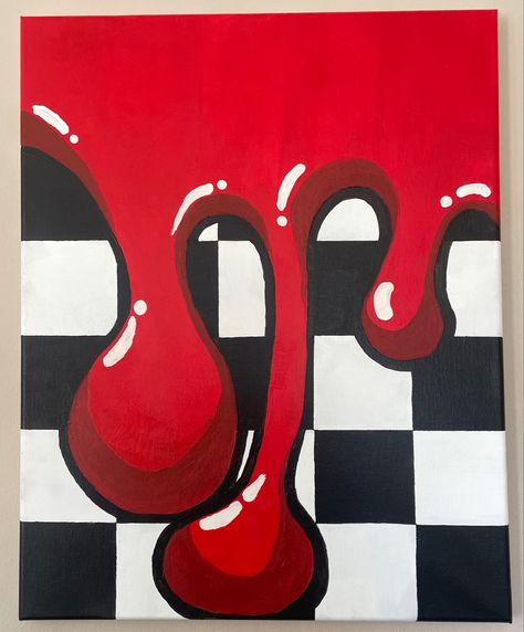 80s Canvas Painting Ideas, Drip Painting Ideas On Canvas, Checkered Canvas Painting, Checkered Painting Ideas, Checkered Drawing, Checkered Painting, Checkered Art, Red Drip, Checker Background