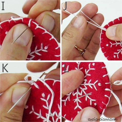 Felt Embroidery Christmas Decorations, Making Felt Christmas Ornaments, Nordic Christmas Ornaments Diy, Snowflake Diy Ornaments, Embroidered Christmas Ornaments Patterns, Embroidery Patterns Free Printables Christmas Ornament, Felt Embroidery Stitches, Felt Christmas Ornaments To Make, Wool Christmas Ornaments Diy