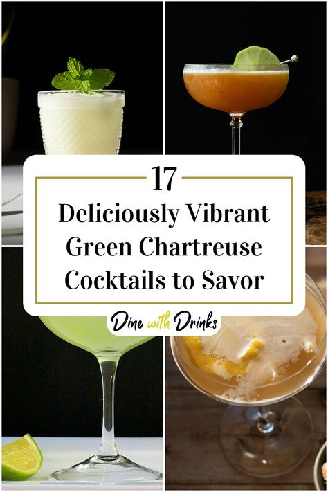 Collage of 4 green chartreuse cocktails. Cocktails With Green Chartreuse, Chartreuse Drink Cocktails, Green Chartreuse Cocktail, Chartreuse Drink, Chartreuse Cocktail, Green Cocktails, Bourbon Cocktail Recipe, Rum Cocktail Recipes, Cocktail Names