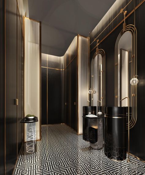 Art Deco Toilet, Interior Design Toilet, Public Restroom Design, Mansion Rooms, Commercial Space Design, Mirror Interior Design, Wc Design, Lobby Interior Design, Restroom Design