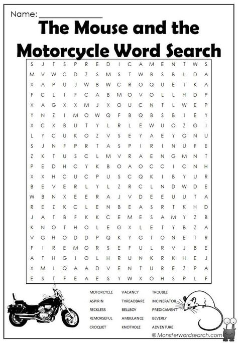 Mouse And The Motorcycle Project, Mouse And The Motorcycle Activities, The Mouse And The Motorcycle, Mother Daughter Book Club, Mouse And The Motorcycle, Spring Word Search, Library Orientation, Free Printable Word Searches, Elementary Books