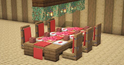 Dining Room In Minecraft, Outdoor Table Minecraft, Cute Minecraft Dining Room, Dining Table Minecraft Ideas, Tables Minecraft Ideas, Minecraft Tables Ideas, Dining Room Design Minecraft, Dining Room Table Minecraft, Minecraft Christmas House Interior