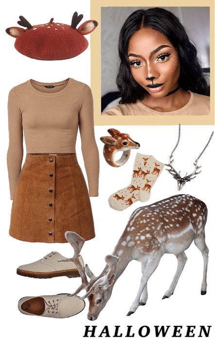 Female Deer Costume, Deer Outfit Costume, Deer Costume Ideas For Women, Diy Deer Halloween Costumes For Women, Reindeer Outfit Ideas, Womens Deer Costume Outfit, Reindeer Inspired Outfit, Womens Reindeer Costume, Deer Custom Halloween