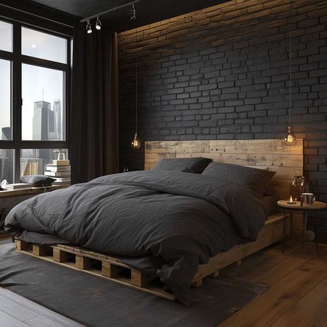 Discover the Beauty of Brick Decoration Walls in Modern Homes • 333+ Images • [ArtFacade] Industrial Bedroom White Walls, Brick Wallpaper Bedroom Accent Walls, Faux Brick Wall Panels Painted Black, Rustic Brick Bedroom, Black Washed Brick, Fake Brick Wall Bedroom, Faux Brick Wall Black, Black Faux Brick Wall, Black Brick Wall Bedroom