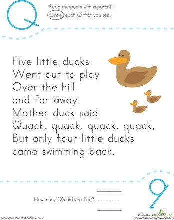 Worksheets: Find the Letter Q: Five Little Ducks. Includes lyrics and letter practice. Daycare Songs, Nursery Rhymes Kindergarten, Five Little Ducks, Preschool Poems, Nursery Rhymes Preschool, Kindergarten Songs, Classroom Songs, Songs For Toddlers, Nursery Songs