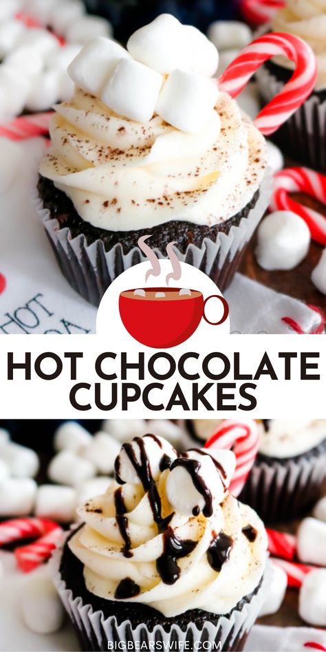 Natal, Winter Cupcakes, Hot Chocolate Cupcakes, Frosting Cupcakes, Christmas Cupcakes Recipes, Frosting Chocolate, Winter Baking, Homemade Marshmallow, Mini Candy Canes