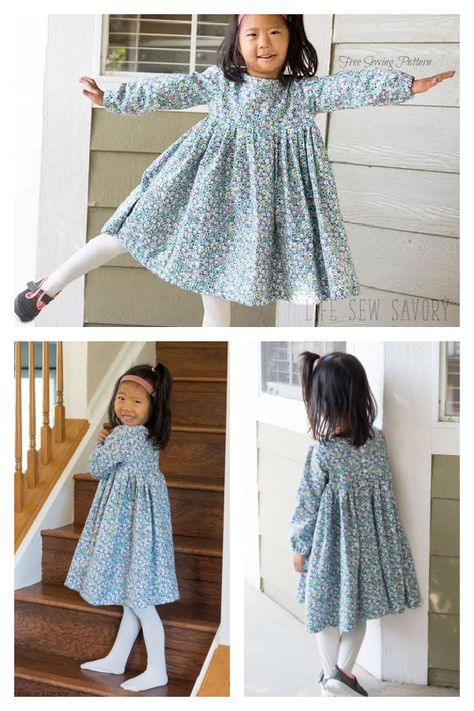 Little Girl's Long Sleeve Sweet Rose Dress Free Sewing Pattern Free Childrens Sewing Patterns, Sewing Patterns Free Kids, Girls Long Sleeve Dress Pattern, Girls Christmas Dress Pattern, Long Sleeve Dress Sewing Pattern, Toddler Dress Pattern Free, Long Sleeve Kids Dress, Long Sleeve Dress Pattern, Girls Sewing Projects