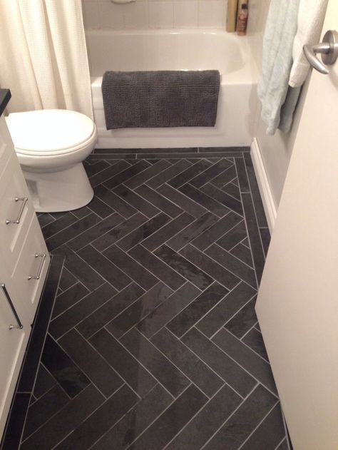 Honed Marble Floors in the Bathroom                                                                                                                                                                                 More Slate Bathroom Floor, Honed Marble Floor, Slate Bathroom, Makeover Kamar Mandi, Black And White Tile, Grey Bathroom, Bad Inspiration, Herringbone Floor, Tile Flooring