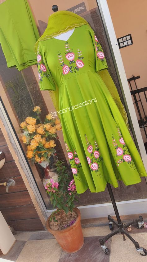 @hoonarcreations punjabi suit frocksuit designs Painting Suits Punjabi Design, Hand Painted Frock Suit, Paint Suits Punjabi Design, Punjabi Suit Design With Lace Work, Punjabi Suit Painting Design, Parrot Colour Suit Design, Simple Dress For Birthday, Painted Punjabi Suits, Suit Painting Designs Punjabi Latest