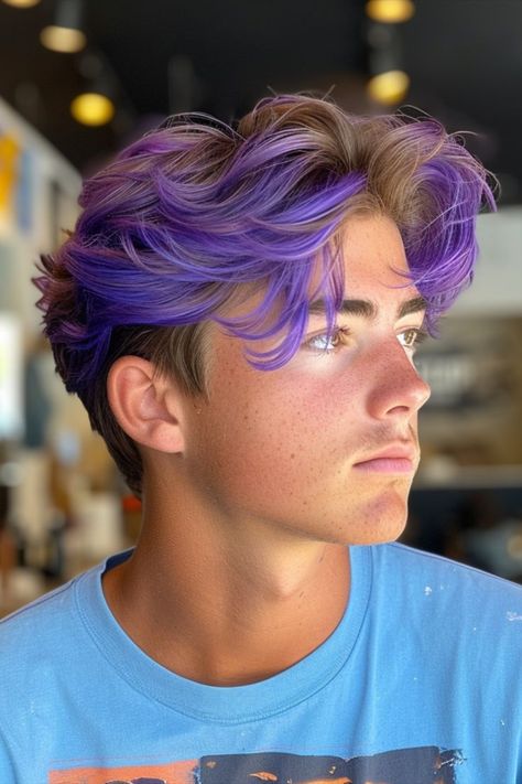 Peacock Bright Purple Hair Color Melt for Men Pastel Purple Hair Men, Guy Colored Hair, Mens Purple Hair, Coloured Hair Men, Split Dye Men, Blue Hair Guys, Guy Purple Hair, Men With Blue Hair, Mens Colored Hair