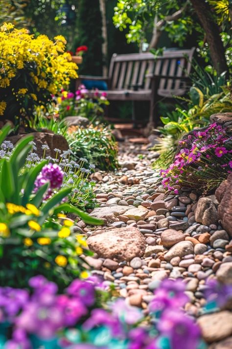 Inspiring Dry Creek Bed Ideas for Your Garden Dry Creek Bed Front Yard, Creek Bed Landscaping, Dry Creek Bed Landscape Front Yards, Dry Bed Landscaping Ideas, Dry Creek Bed With Steps, Dry Stream Bed, Dry Stream Bed Landscaping, Dry Creek Bed For Drainage, Dry Creek Bed Landscape