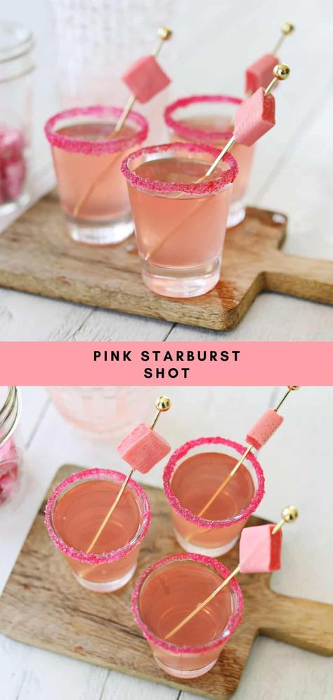 Pink Starburst Shot - A Beautiful Mess Starburst Shots Recipe, Pink Drinks With Vodka, Cute Girly Cocktails, Pink Starburst Shot Recipe, Pink Champagne Jello Shots, Pink Shot Recipes, Starburst Shot Recipe, Pink Starburst Shots, 21st Bday Drinks