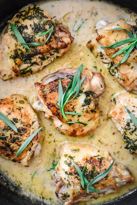 Creamy French Chicken Tarragon (Poulet à l’Estragon) - Pardon Your French Pardon Your French, Easy French Chicken Recipes, Creamy French Chicken Tarragon, French Roasted Chicken Recipes, Chicken Dinner Party Recipes Main Dishes, French Meat Recipes, Gourmet Chicken Thigh Recipes, French Shrimp Dishes, Wedding Chicken Dinner