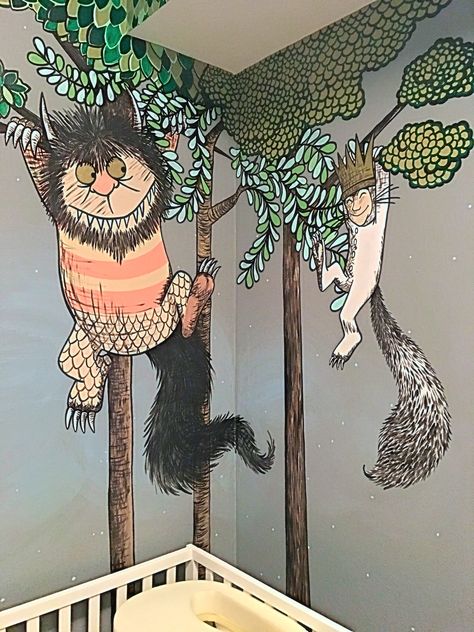 Where the Wild Things Are Recreation Nursery Mural Wild Things Nursery, Book Themed Nursery, Playroom Mural, Nursery Mural, Murals For Kids, Baby Boy Room Nursery, Nursery Room Boy, Nursery Room Inspiration, Nursery Baby Room